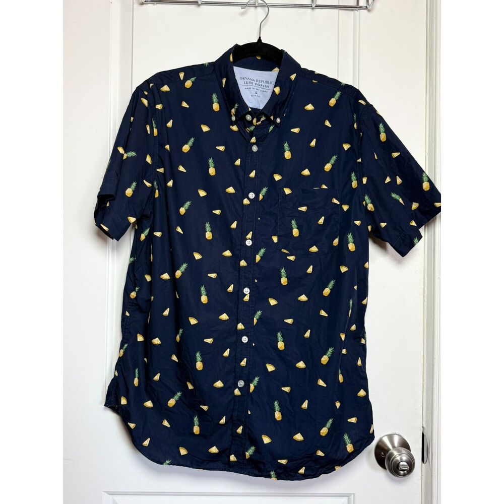 Banana Republic Luxe Poplin Pineapple Print Short Sleeve Shirt Navy Large Slim